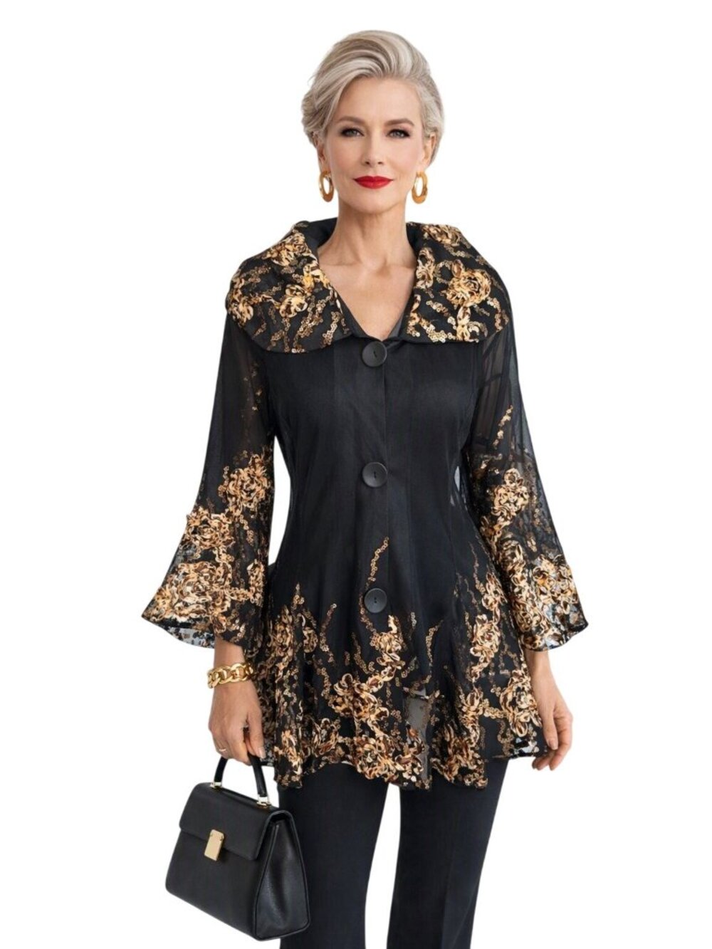 Damee Inc Black Gold Sheer Sequin Mesh Jacket Floral Top Women M Glam Formal Wea
